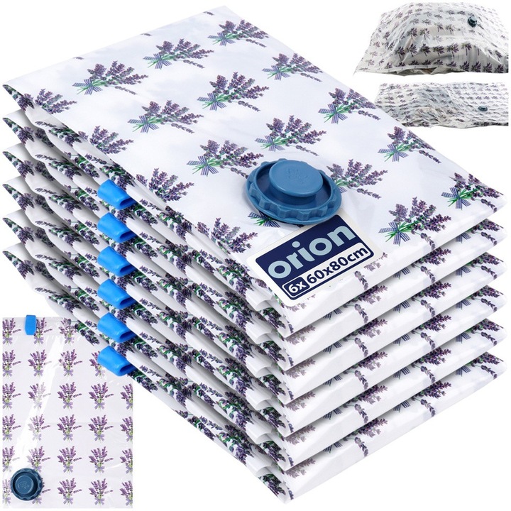 6 db-os vákuumzsák készlet, Orion, 80x60 cm, többszínű, üveg, finom levendula illattal, ruhák, ágynemű, plüssjátékok tárolására alkalmas, speciális szelepek és légmentesen záródó zárak megakadályozzák a légszivárgást