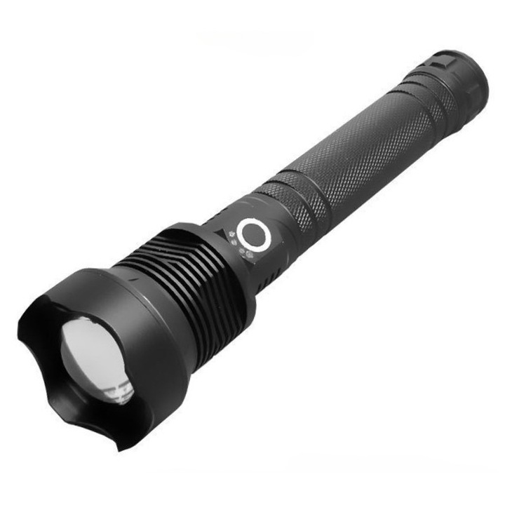 LED фенер, алуминий, XHP70.2 ултра ярък източник, професионален, регулируем фокус, водоустойчив за външна употреба, USB зареждане, 3500 лумена, 3 режима на осветление, черен