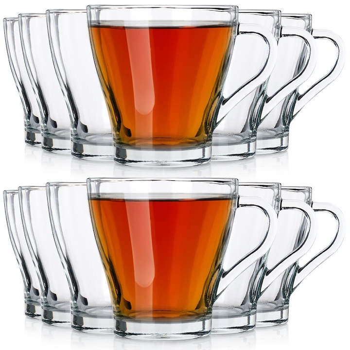 Set 12 Cani Cu Maner, Vilde, 280 ml, 11.5x9.5x9 cm, Sticla, Potrivite Pentru Masina De Spalat Vase Si Cuptorul Cu Microunde, Ideale Pentru Servirea Bauturilor Calde Si Reci, Utilizare Universala, Transparenta