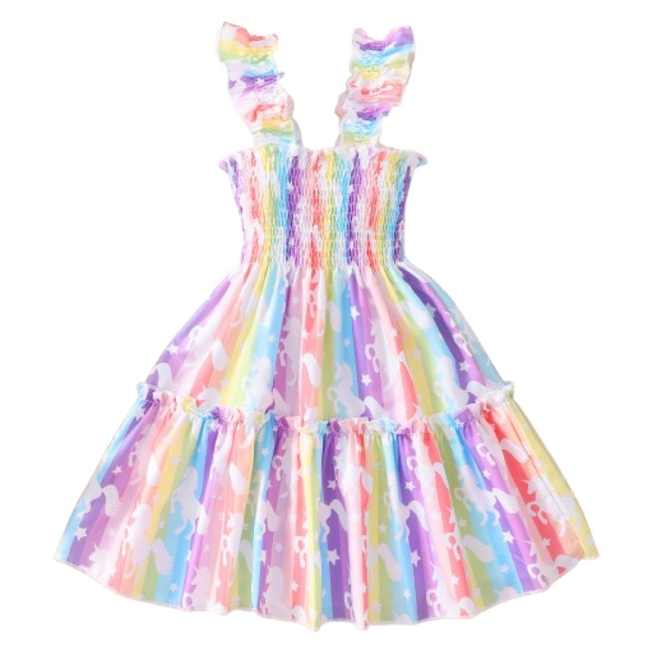 Rochita Fetita cu Bretele si Imprimeu Unicorn Stil Casual de Vara, Multicolor