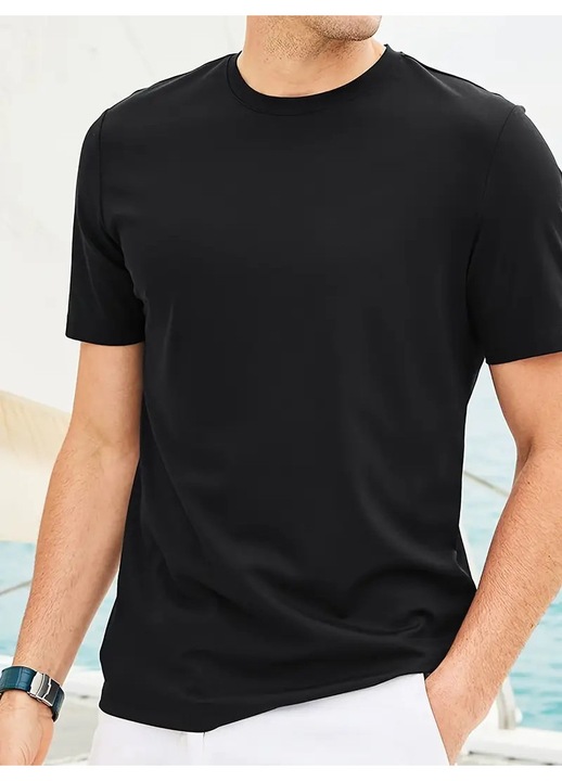 Tricou pentru barbati, 100% bumbac, usor si respirabil, stil minimalist, potrivit pentru o tinuta casual, de zi cu zi, Negru