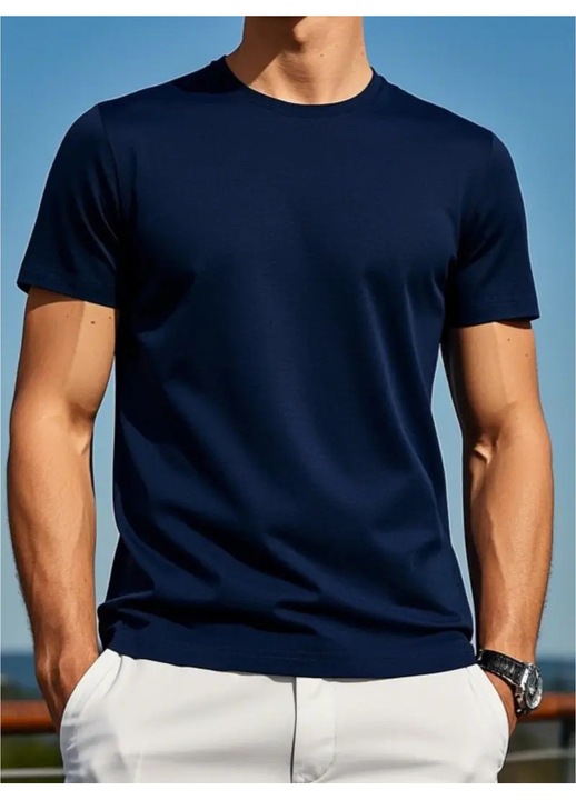 Tricou pentru barbati, 100% bumbac, usor si respirabil, stil minimalist, potrivit pentru o tinuta casual, de zi cu zi, Bleumarin inchis