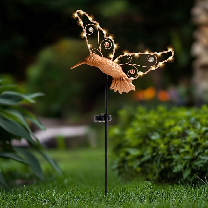 Lampa solară cu figurina de pasăre metalică bronz, 30 de LED-uri, 75cm, lumina caldă albă