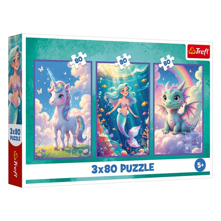 Puzzle creaturi fantastice 3 în 1, unicorn, sirenă, dinozaur, 80 piese, multicolor