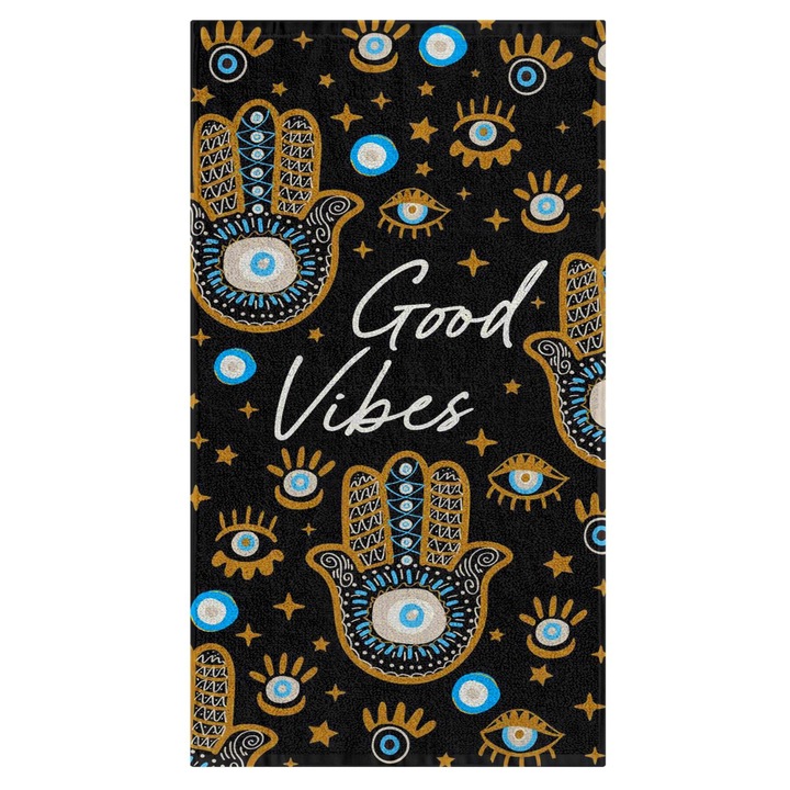 Черна памучна плажна кърпа с шарка на сини очи "good vibes" Fatima hand 150x75см