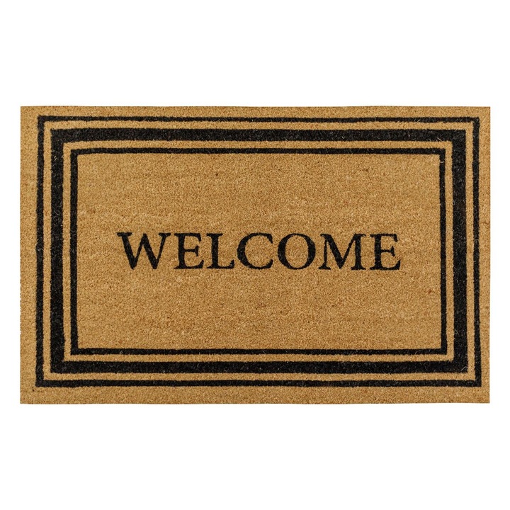 Natúr színű bejárati lábtörlő dombornyomott üzenettel és "otthon" felirattal 90x60cm