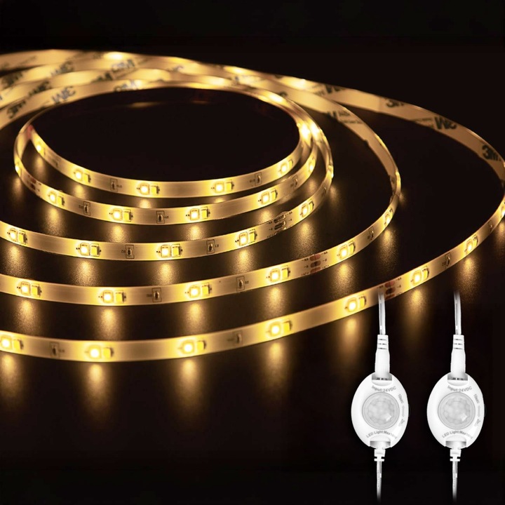 Комплект 2 самозалепващи се светещи ленти с топла бяла LED светлина със сензор за движение, 1.5v, 1.5 m