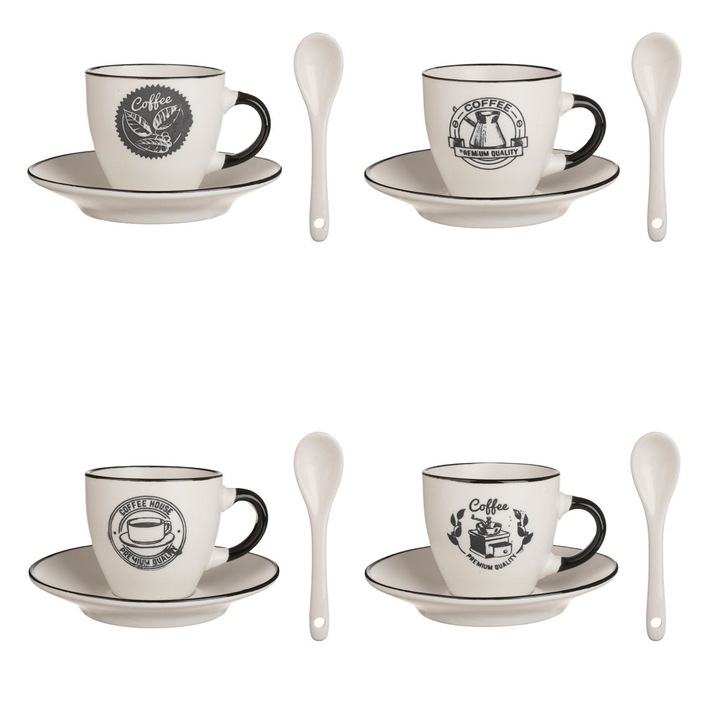 Set cesti ceramice maro albe cu diverse modele farfurii & lingurite 90 ml - 4 seturi