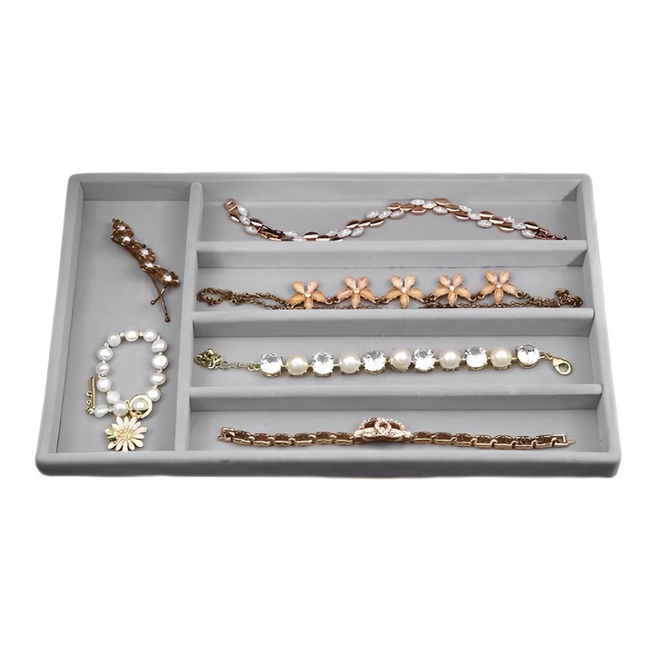 Suport organizator pentru bijuterii gri suede, 29x17.8cm, 5 compartimente