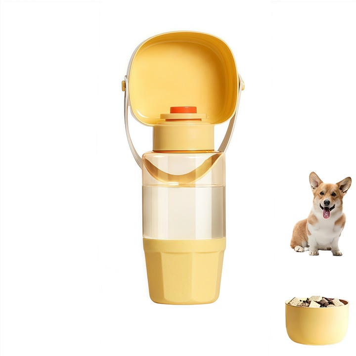 Pahar Portabil pentru Caini, Recipient Integrat Apa 350ml + Mancare 200ml, pentru Exterior（Galben）-QiFeng™