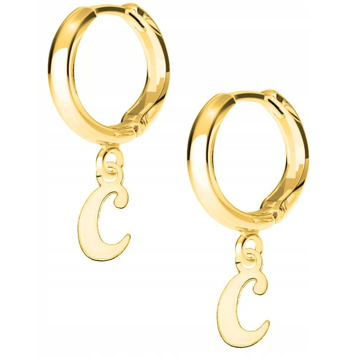 Fülbevaló, Larezo, Kicsi „C” Betű, 925 Ezüst 24K Aranyozott, Angol Zár, Nőknek, Kampó Magassága 17 mm, Medál Magassága 10 mm, Prémium Ékszerdobozos Szett, Arany