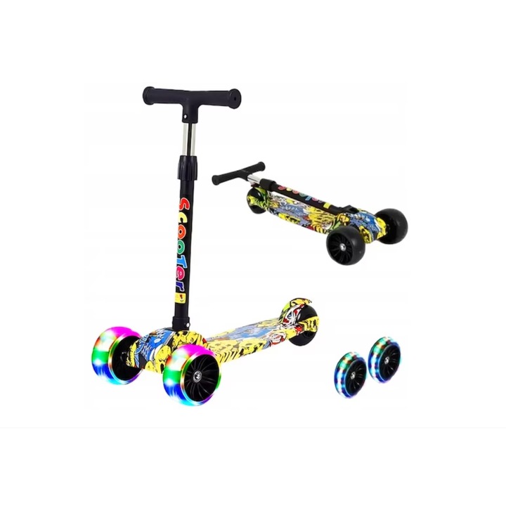 Hulajnogi roller 3 kerékkel, LED lámpákkal, összecsukható, állítható, többszínű