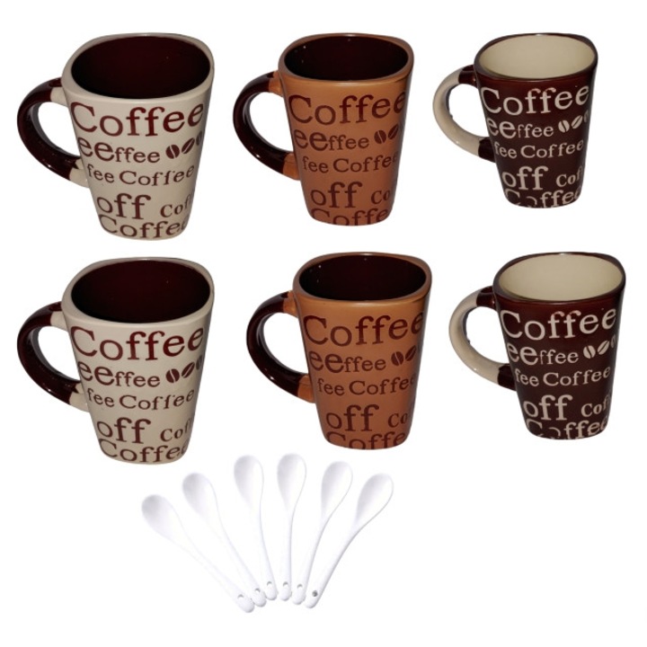 Set Cani cu Lingurita, Ceramica, Multicolor, 8x11cm, 250ml, 12 piese