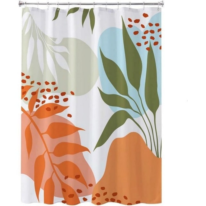 Perdea de dus moderne, Design frunze, 180x180cm, impermeabila, include carlige, Multicolor