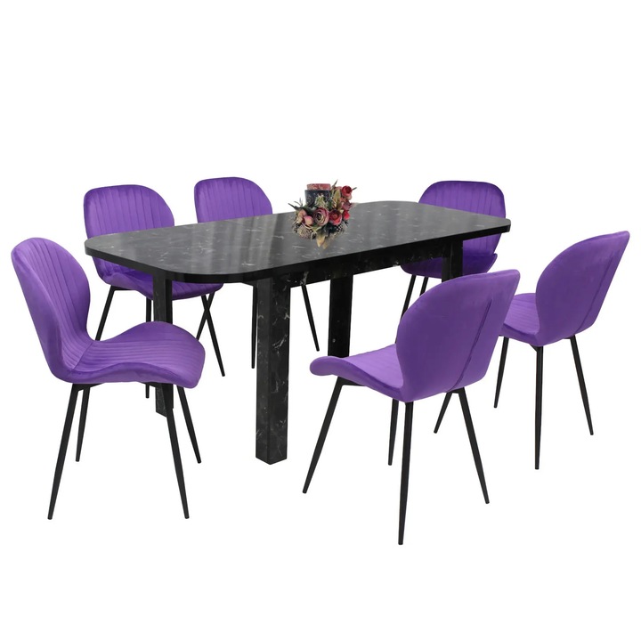 Set masa extensibila Roma Negru Marmorat cu 6 scaune Opal Mov, picioare negre, tapiterie din material textil, dreptunghiulara, blat din PAL laminat, 140x80x75 cm