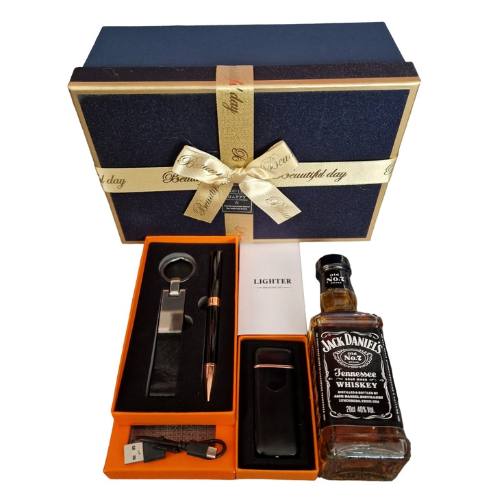 Pachet Cadou pentru barbati cu Bricheta, Set breloc si Pix, Jack Daniel`s, cutie decorativa