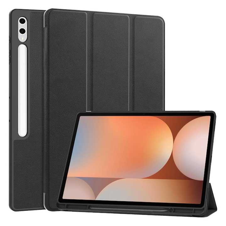 Калъф от изкуствена кожа за таблет Samsung Galaxy Tab S10 Ultra (14.6 инча), 360° пълна защита, кадифена вътрешност, функция стойка, защитен дисплей, смарт калъф, противоударни ъгли, черен