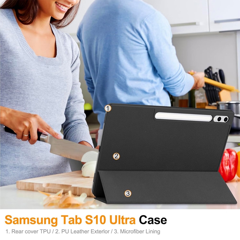 Husa Tableta din piele PU pentru Samsung Galaxy Tab S10 Ultra (14.6 inch), Protectie Completa 360, Interior Catifea, Functie de Stand, Display Protejat, Smart Cover, Colturi Anti-Soc, Negru