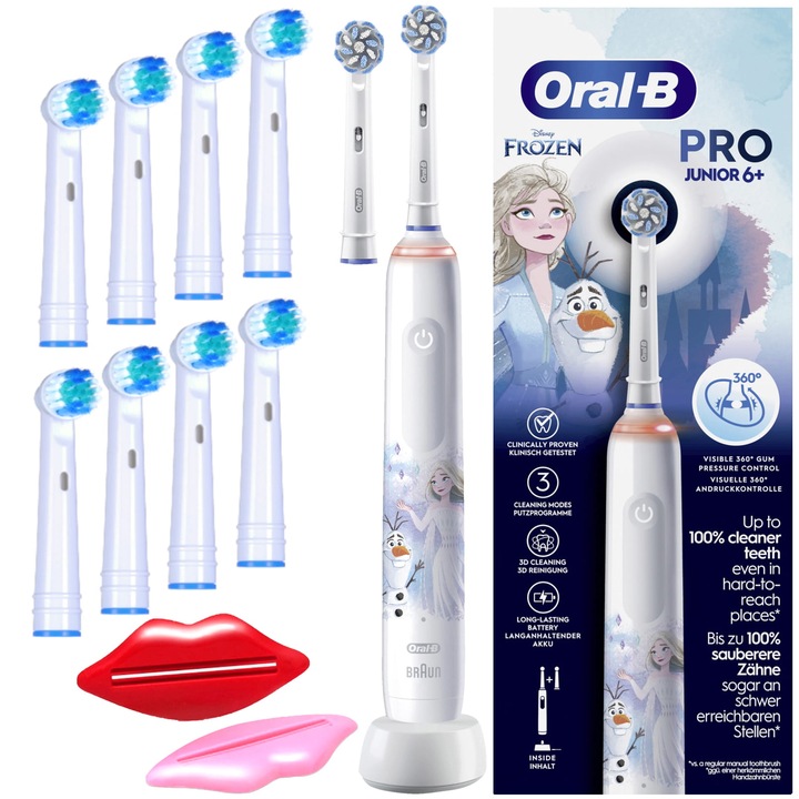 Készlet, Oral-B Pro 3 Junior Frozen elektromos fogkefe, 8 kompatibilis fej, fogkrémadagolók
