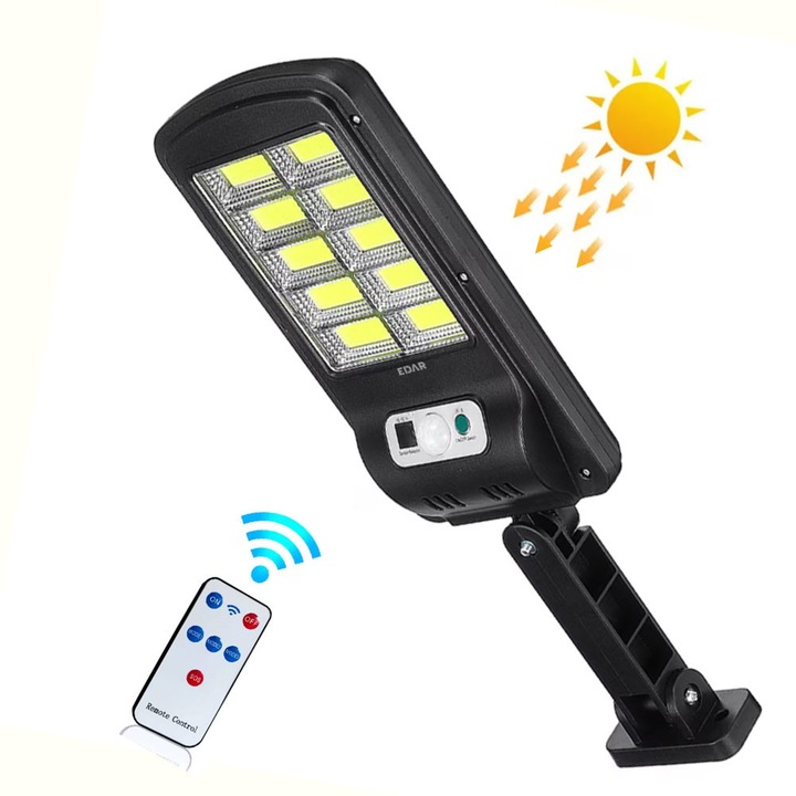 EDAR kültéri napelemes lámpa mozgásérzékelővel és távirányítóval, 10 COB LED, falra szerelhető, vízálló, ideális udvarra és kertbe, fekete