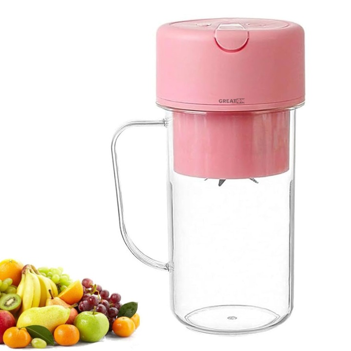 GREATON USB hordozható turmixgép smoothie-khoz, 420 ml, 6 penge, újratölthető akkumulátor, rózsaszín
