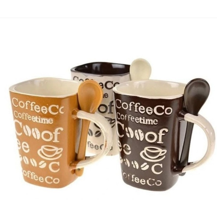 Set Cani cu Lingurita, Ceramica, Coffee, 8x11cm, 250ml, Multicolor, 6 piese