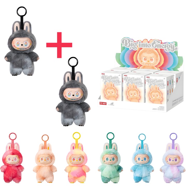 Плюшена играчка Labubu 1 + 1 Teno® ключодържател, Pop Mart, колекция Big Into Energy, кутия за щори, качествени материали, очарователен дизайн, тайна играчка, 15-17 см, многоцветна