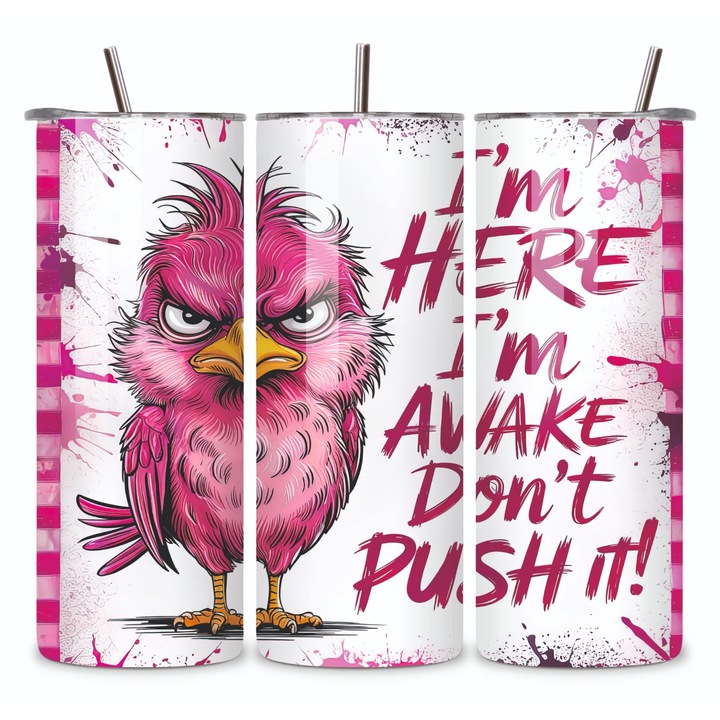 Cana Termos, Cu Capac si Pai Reutilizabil, Inox, Durabilitate Extrema, Izolatie Eficienta, Capacitate 600ml, Mesaj "I'm here don't push it"