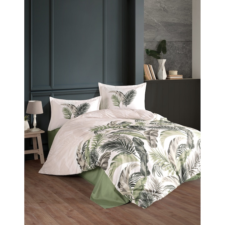 Lenjerie pat dublu NufJoy® 100% BUMBAC RANFORCE, 4 Piese, King Size, cearsaf pat 240x260 cm, pilota 200x220 cm, 2 fete perne 50x70, Calitate Premium, Cutie Cadou, Hena