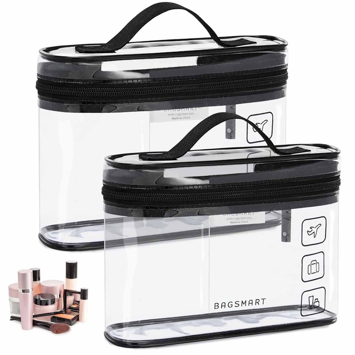 Geanta cosmetică pentru voiaj, SINBINTA, impermeabilă, transparentă, neagră, 21.6x16x7.5cm, set 2 bucăți