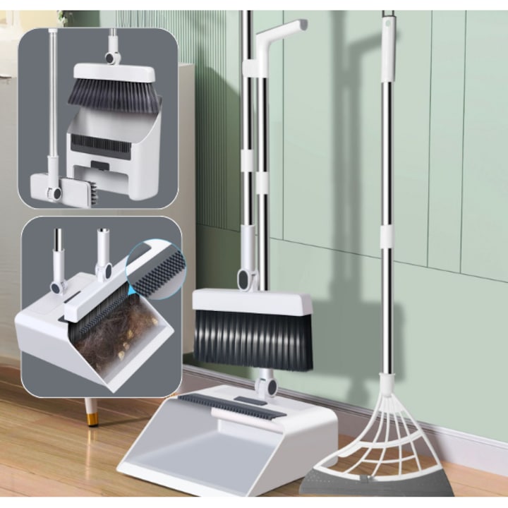 4 az 1-ben seprűkészlet, összecsukható lapát és szilikon seprű porhoz és vízhez, forgó seprűfej, vastag sörték, öntisztító rendszer, rozsdamentes acél és polipropilén, beltéri, kültéri, függőleges tárolás, fehér, MBA SHOP