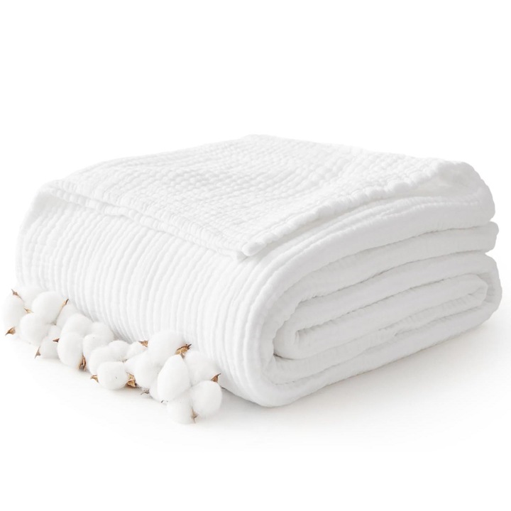 Paturica pentru bebe, usoara si respirabila, bumbac, din muselina 6 straturi, durabilitate, 105x105cm, OUYLAF, alb