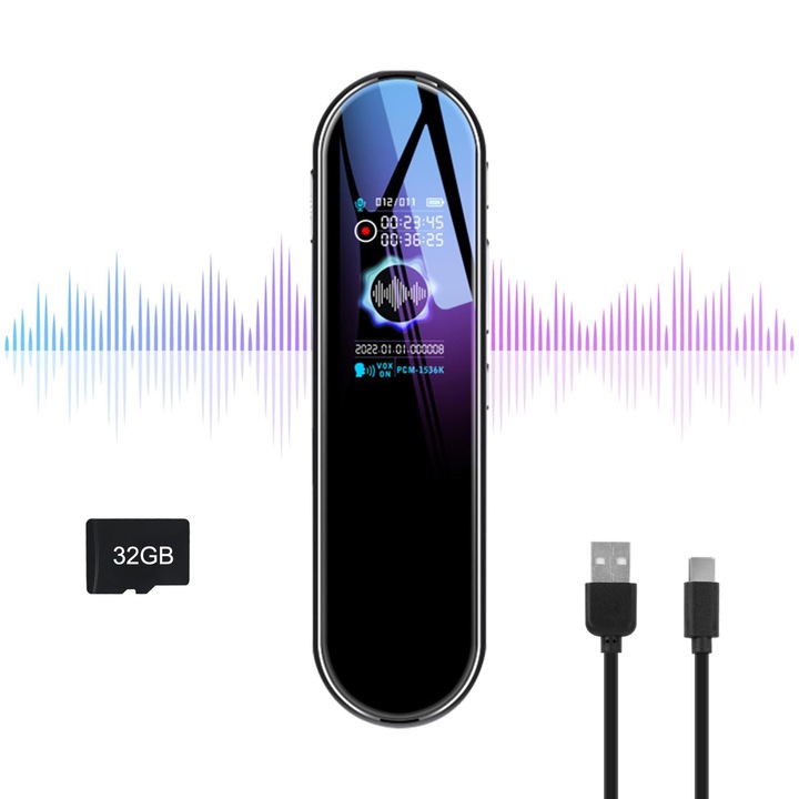 Цифров гласов рекордер 32GB, OUYLAF, черен, с възпроизвеждане на MP3, защита с парола, 1.44-инчов екран