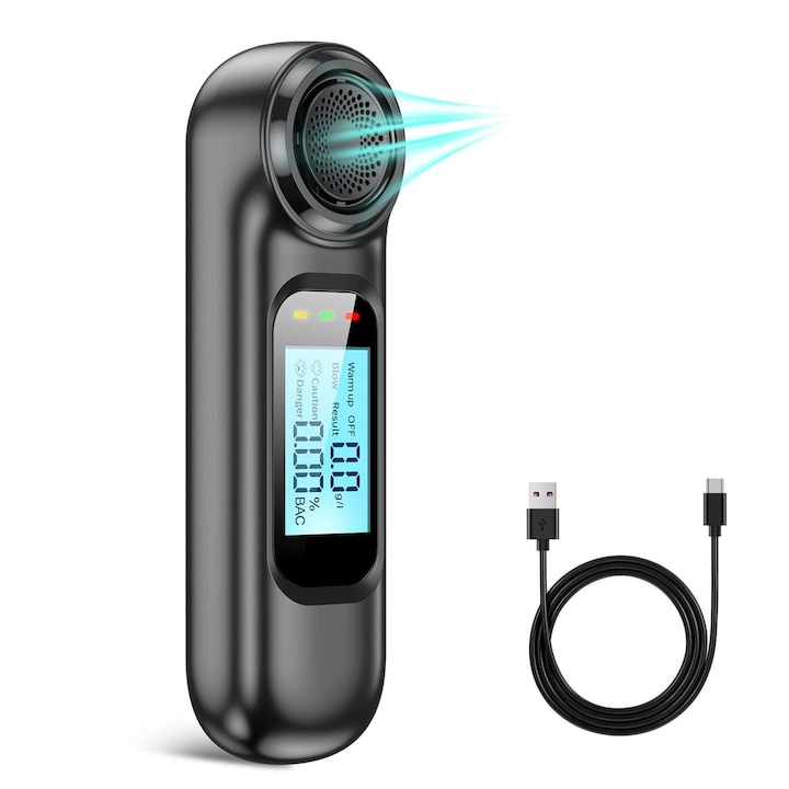 Alcool Tester, fara Contact, Acuratete +/- 0.01% BAC, portabil, precizie ridicata, Profesional, incarcare USB, cu Functie de Memorare, Display Digital LCD, Calibrare Automata, OUYLAF, negru