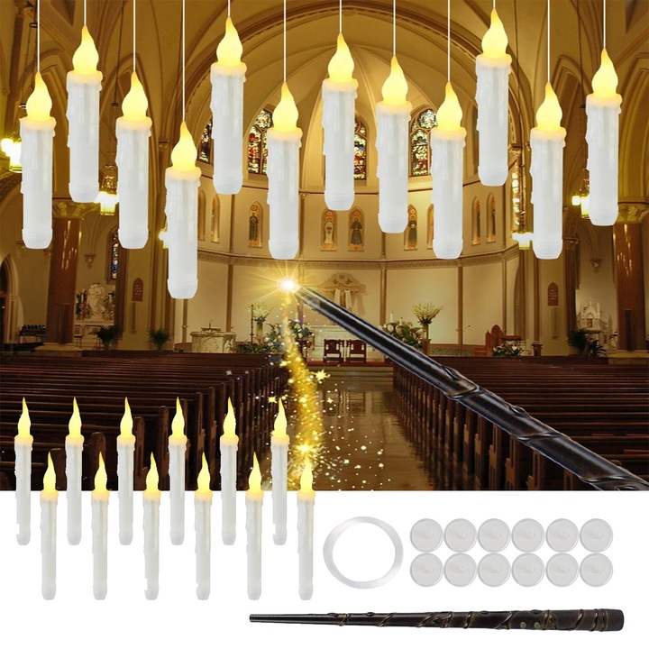 Set 12 lumanari LED flotante, Topdii®, control cu bagheta, lumina calda, 17cm, cu 20 m Fir de pescuit, Pentru Pasti, Halloween, carnaval, decoratiuni de petrecere