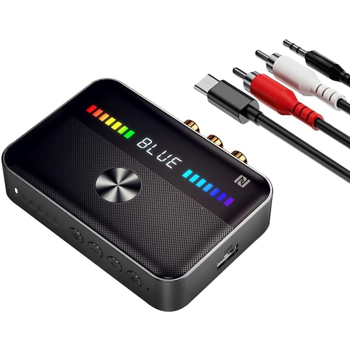 Adaptor NFC Bluetooth 5.3, Suness, Transmitator Si Receptor TX/RX, RGB LED, AUX/RCA/Coaxial/Optical/USB, 1000 mAh, Suport intrare fibra optica, pentru Casti, TV, Masina, Sistem Audio, Negru