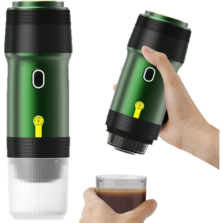 Преносима кафемашина XGETOP®, 3 в 1, Съвместима с капсули Nespresso, Dolce Gusto и мляно кафе, 15 бара, Захранване с USB кабел и зарядно за кола, Зелен