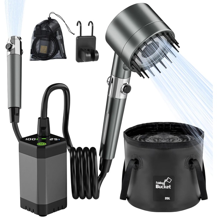 Dus Portabil Camping XGETOP® 6000mAh, Ecran LED, 4 Moduri Pulverizare, IPX7 Waterproof, cu Galeata Pliabila, Cap Dus, Furtun, Pompa, Cablu USB, Adaptor, Carlig, Husa, drumetii