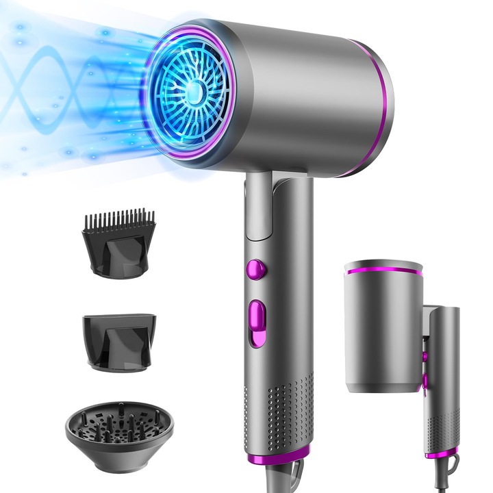 Сешоар OUYLAF 2400 W, сгъваем, 2 температури, 3 скорости, защита от прегряване, с дюзи за стилизиране и дифузер, сив