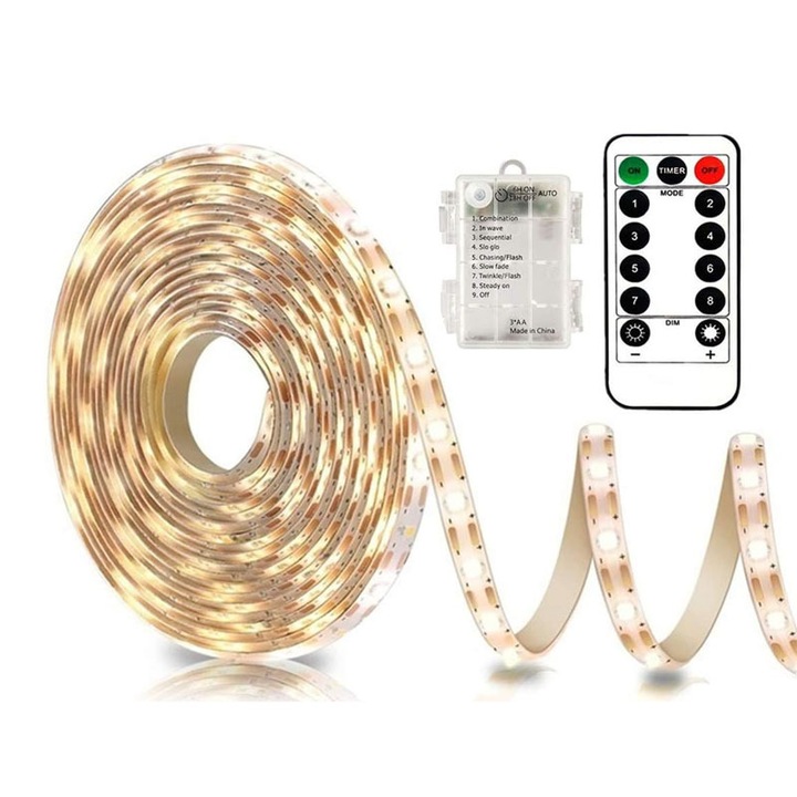 Banda LED 3m cu baterii, 8 moduri, dimabila, autoadeziva, alb cald