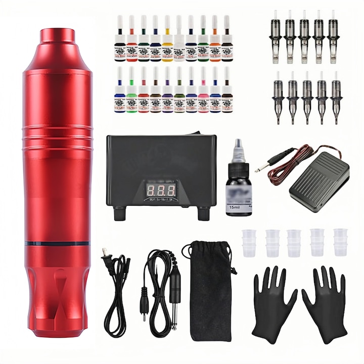 Set de masina de tatuat, Wacorresi, masini rotative de tatuaj cu 1 pen rotativ, 10 ace, 20 culori, 20 cerneala*5ml, 9 cupe cerneala, Portabil, viteza 10000 RPM, functioneaza mult timp, design ergonomic, Potrivit pentru incepatori, profesional，Rosu