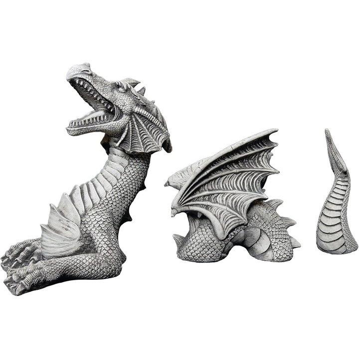 Реалистично моделиране с люспи, крила и причудлива опашка на готически дракон, ръчно отлят истински чакъл и издръжливост на смола, лесен за почистване с топла вода или сапунена вода, градинска художествена статуя