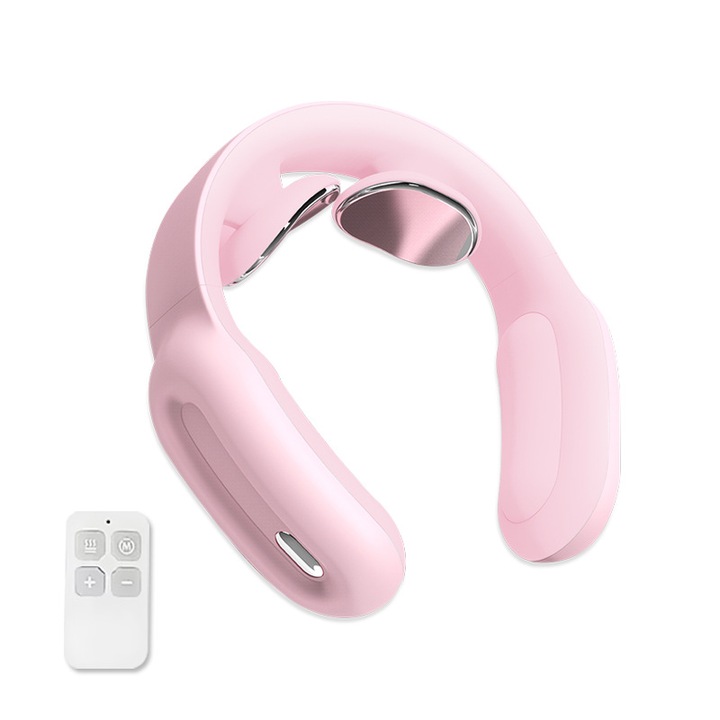 Aparat masaj cervical cu impulsuri electromagnetice, cu incalzire, portabil, 3 moduri de masaj, 15 nivele de intensitate, USB, telecomanda, Ideas4Comfort, roz
