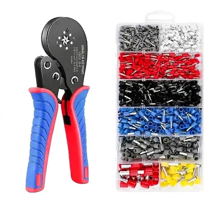 Kit sertizare hexagonala XPQKDC® 0.08-16mm², set complet cu 1200 terminale electrice izolate, cleste profesional pentru cabluri, design ergonomic, multicolor, durabil