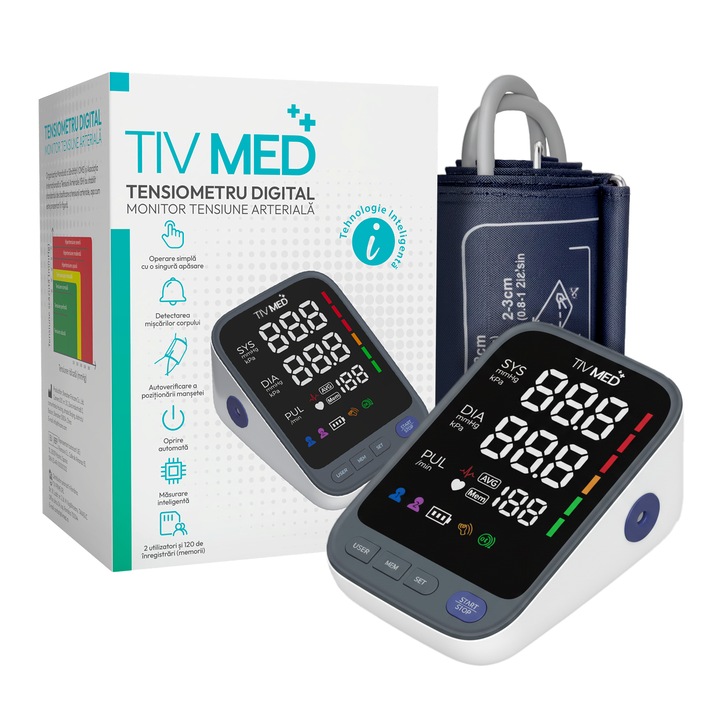 TIV MED Tensiometru Digital, Aparat Tensiune Arteriala pentru Brat, Monitor Automat de Tensiune cu Ecran Iluminat 11.5cm, Manseta Reglabila 22 cm - 43 cm, Detector Aritmie si Hipertensiune, Uz Casnic