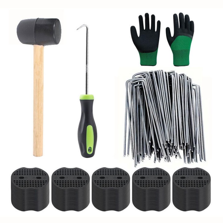 Set 100 Pcs Tepuse Gradina U, MESEVEN, 6 inch, 11 Gauge, cu Carlig, Ciocan si Manusi, Accesorii Unelte Gradinarit