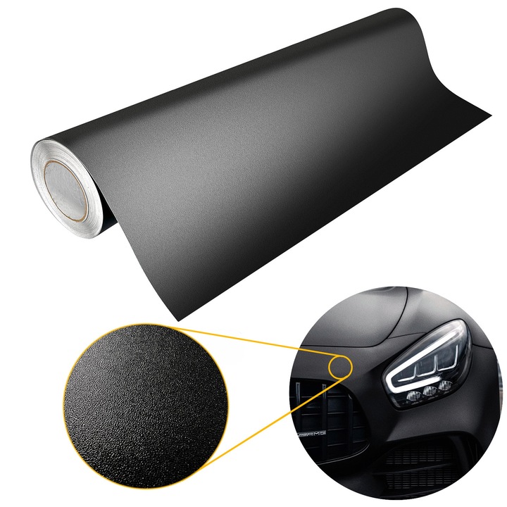 Folie termoplastica pentru protectia marginilor usilor, structurala, vanzare la metru, 100 x 100 cm, DecoMeister®, Model Negru, FT001-100-0100