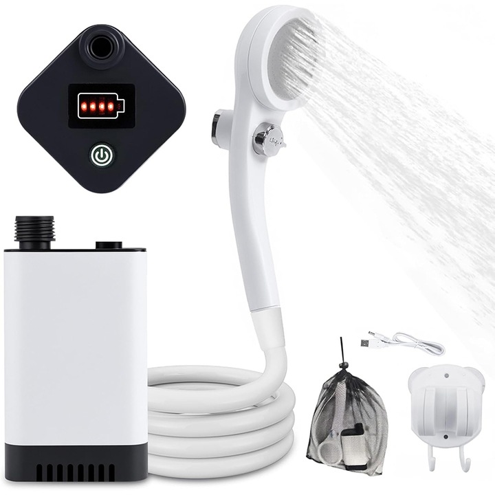 Dus portabil pentru camping, Rqiurpn, 6000 mAh, cu cablu USB si cap de dus electric pentru exterior, 4 moduri de pulverizare, rezistent la apa IPX7, ideal pentru calatorii si camping, alb