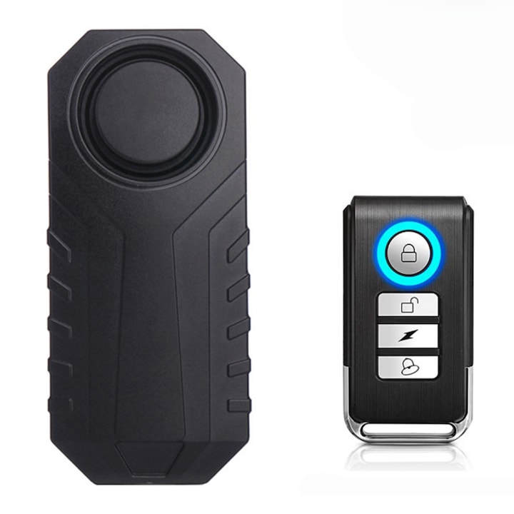 Alarma antifurt bicicleta motocicleta bicicleta electrica, e-bike, trotineta, tricicleta, telecomanda wireless, senzor de vibratii ajustabil, 7 Nivele de Senzivitate, 3 tonuri de alarma la alegere, 3 Nivele de Volum pana la 113db, impermeabila IP65, Negru