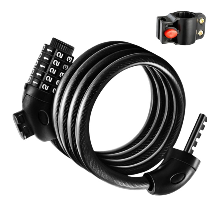 Antifurt bicicleta, cu Cifru din 5 Cifre si suport montare, lungime 120 cm, Cilindru de blocare din aliaj de zinc, Cablu de otel cu diametrul de 12 mm, Rezistent la taiere sau rupere, Potrivit pentru bicicleta electrica, motocicleta, trotineta, scuter